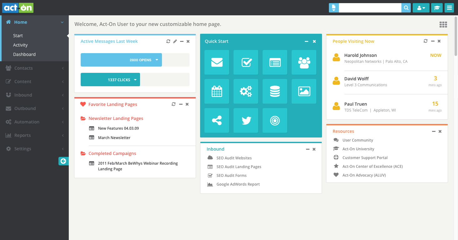 Act-On Software SAAS Application Home Screen